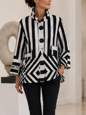 Damee Swing Jacket Black Ivory Abstract Geometric Wire Collar Artsy Excellent S